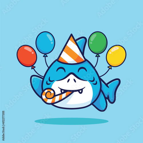 Cute birthday shark with balloons vector cartoon illustration