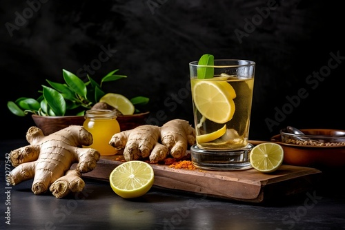 Photo Lemon and ginger root. Tea or lemonade ingredients. Generative AI