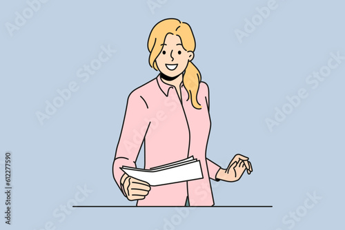 Smiling female employee deliver paperwork in office. Happy clerk pass documents at workplace. Vector illustration. 