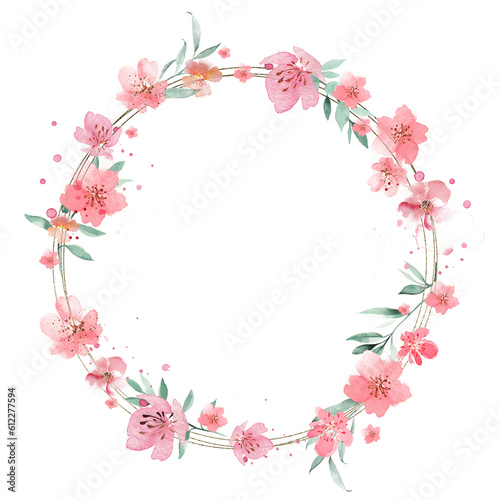 Cute wreath with cherry blossoms. Watercolor vintage frame.