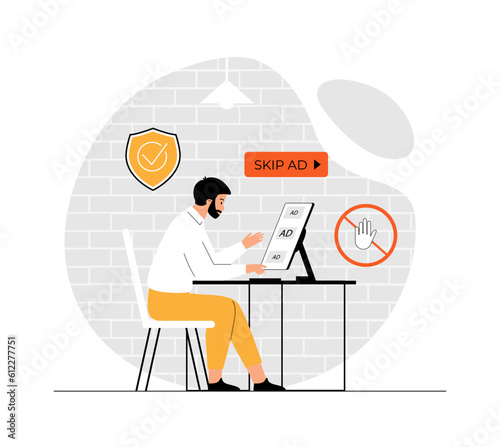 Ad blocking.  Anti spam protection. Website Adblock protection software, security application. Pop up ad blocker. Illustration with people scene in flat design for website and mobile development.