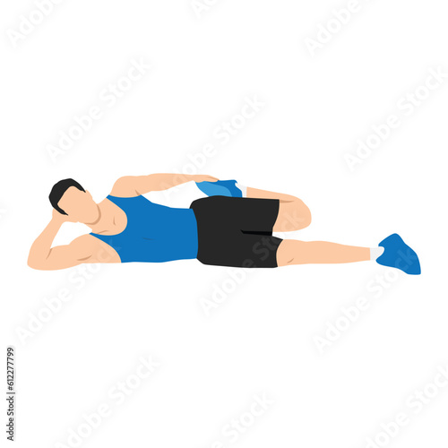Man doing side lying quad stretch exercise. Flat vector illustration isolated on white background