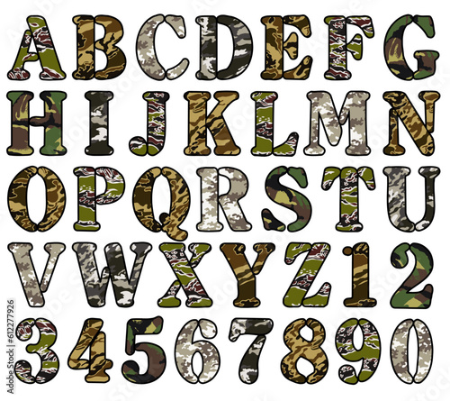 Font and number with camouflage mimetic texture abstract vector pattern alphabet collection isolated on white background