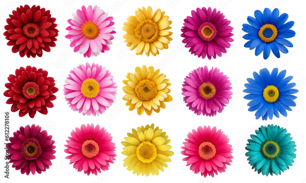 set of colorful daisy flowers, Generative AI set of colorful daisy flowers, Generative AI