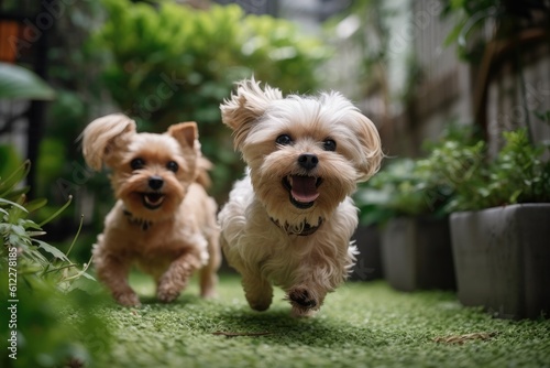 two cute yorkshire terrier dogs running in the garden and smiling, Two cute small dogs playing and running in a green garden, AI Generated © Iftikhar alam