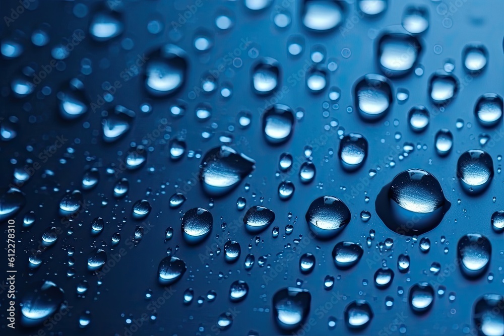 Water drops on blue background. Shallow depth of field. Selective focus. Water drops on blue glass, AI Generated