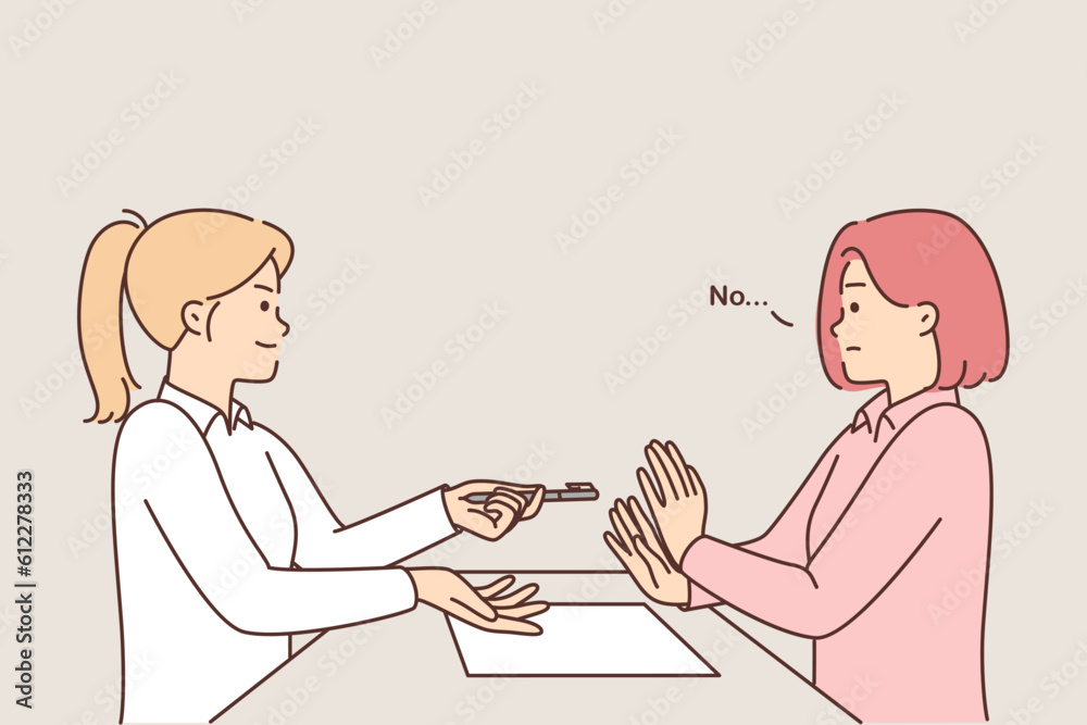 Woman refuses to sign contract sitting at table and does not want to take pen from HR manager girl Woman refuses to sign contract sitting at table and does not want to take pen from HR manager girl