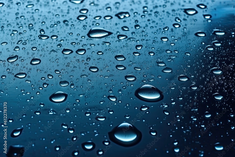 Water drops on blue background. Water drops on blue glass surface. Water drops on blue glass, AI Generated