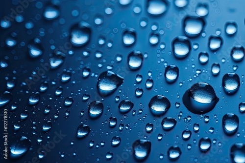 Water drops on blue background. Shallow depth of field. Selective focus. Water drops on blue glass  AI Generated