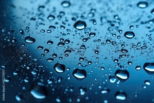 Water drops on blue background. Close up. Shallow DOF. Water drops on blue glass, AI Generated