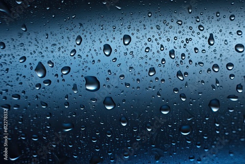 Drops of rain on the glass. Blue background. Shallow DOF. Water drops on blue glass, AI Generated