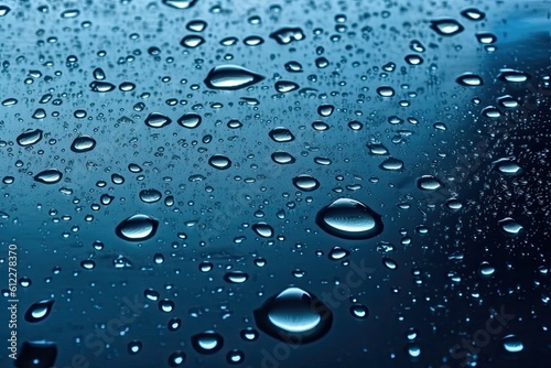 Water drops on blue background. Water drops on blue glass surface. Water drops on blue glass, AI Generated