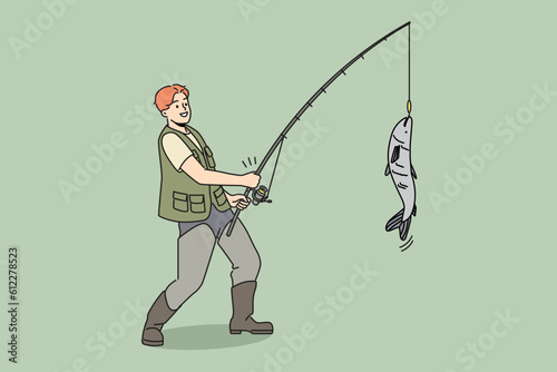 Smiling fisherman in uniform catching fish on rod. Happy male fisher in khaki clothes fishing on summertime. Hobby and leisure. Vector illustration. 