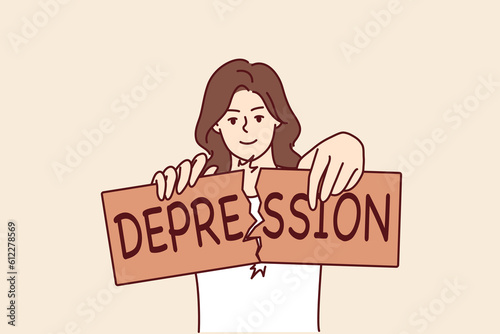 Woman breaks depression sign after overcoming psychological problems and mental disorder caused by stress. Girl who overcame depression with help of trips to psychotherapist or use of antidepressants