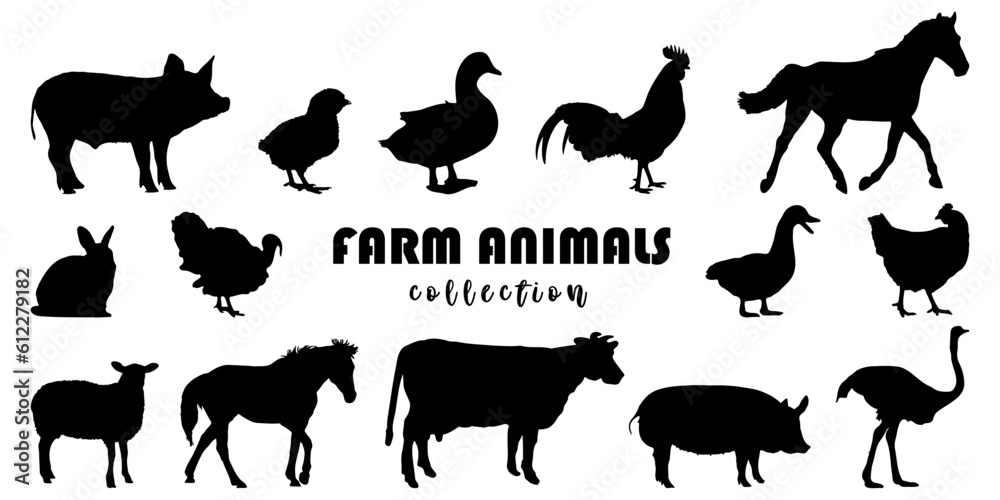 Farm animal silhouette collection. Set of black farm animals silhouette ...