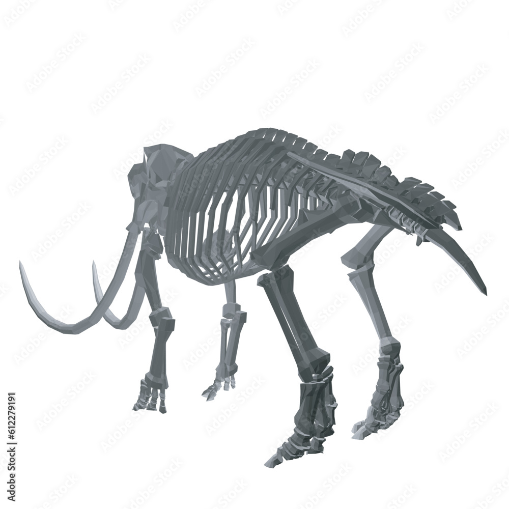 Vector Illustration of polygonal Mammoth Skeleton on Isolated White Background. Vector prehistoric polygonal skeleton of mammoth on white background isolated illustration. 3D..