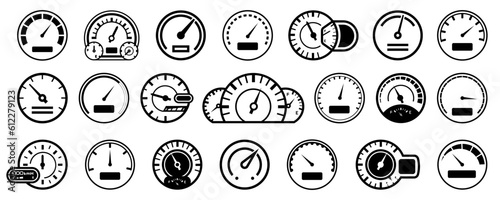 Speedometer vehicle icon collection. Set of car speedometer indicator icons