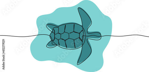 colored continuous single line drawing of turtle in water, line art vector illustration