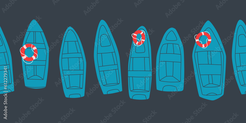 Different blue river boats. Vector seamless border for design. Different blue river boats. Vector seamless border for design.
