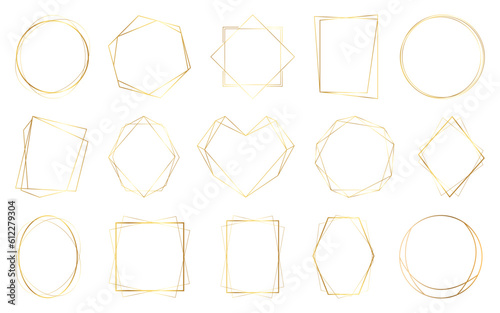 Golden line frame elements collection. Set of golden geometric shapes border design