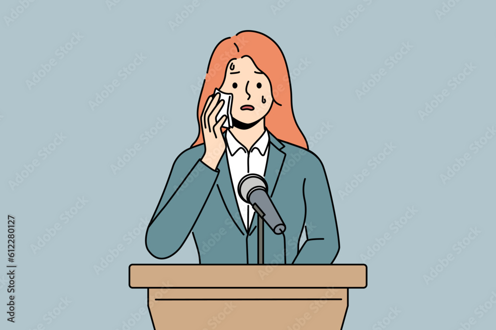 Anxious woman stand at tribune suffer from public speaking phobia. Worried female speaker present at conference struggle with anxiety. Vector illustration. 