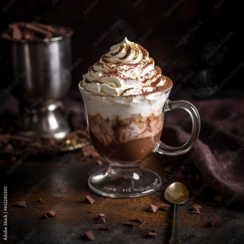 Cup of hot chocolate with cream and cocoa powder. Generative AI Cup of hot chocolate with cream and cocoa powder. Generative AI
