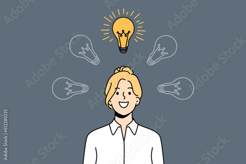 Smiling businesswoman with illuminated lightbulb above head excited with creative business idea. Happy female employee look at light bulb generate thought. Vector illustration. 