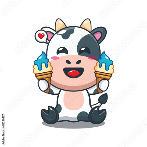 cow with ice cream cartoon vector illustration.