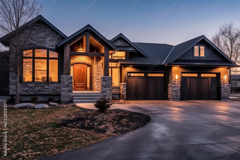  Sophisticated Design Meets Alluring Brand New Residence with Three-Car Garage, Dark Gray Siding, and Natural Stone Pillars, generative AI