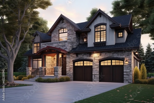 Three-Car Garage Alluring Residence with Sophisticated Design and Natural Stone Pillars in Burgundy Siding, generative AI