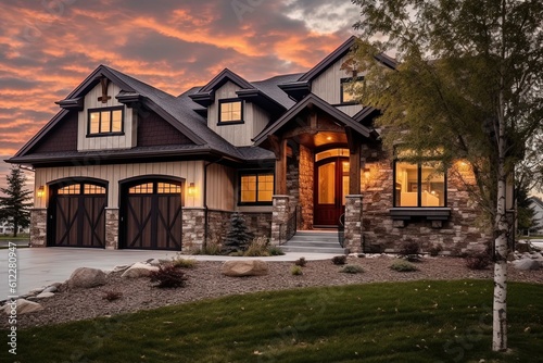 Three-Car Garage Alluring Residence with Sophisticated and Natural Design Featuring Bronze Siding and Stone Pillars, generative AI