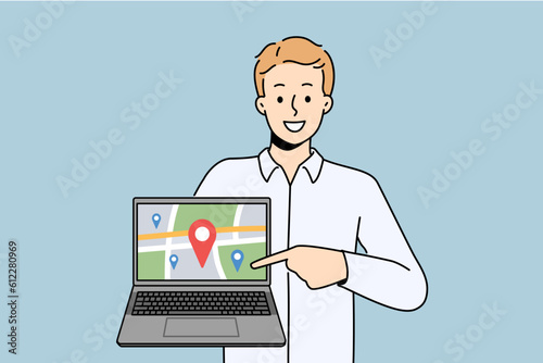Smiling man showing location tag on map on computer screen. Happy male demonstrate GPS tracker on digital map on laptop. Vector illustration. 