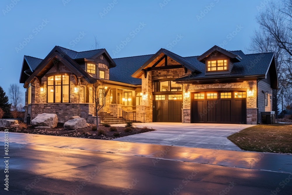 Dark Blue Siding and Natural Stone Pillars Complement Sophisticated Design of Alluring Brand New Residence with Three-Car Garage, generative AI Dark Blue Siding and Natural Stone Pillars Complement Sophisticated Design of Alluring Brand New Residence with Three-Car Garage, generative AI