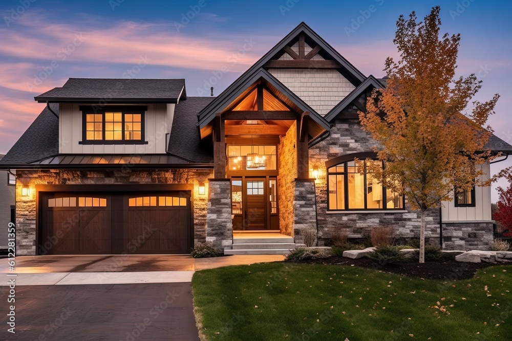 Sophisticated Design: Alluring Brand New Residence with Natural Stone Pillars, Gray Siding, and Three-Car Garage, generative AI Sophisticated Design: Alluring Brand New Residence with Natural Stone Pillars, Gray Siding, and Three-Car Garage, generative AI