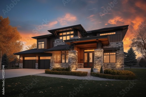 Sophisticated Design Meets Alluring Curb Appeal in Brand New Home with Three-car Garage and Natural Stone Pillars, generative AI