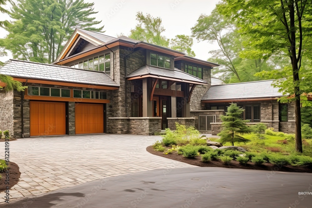 Avant-Garde Dwelling with Natural Stone Accents and Spacious Three-Car Garage in a Captivating White Siding, generative AI