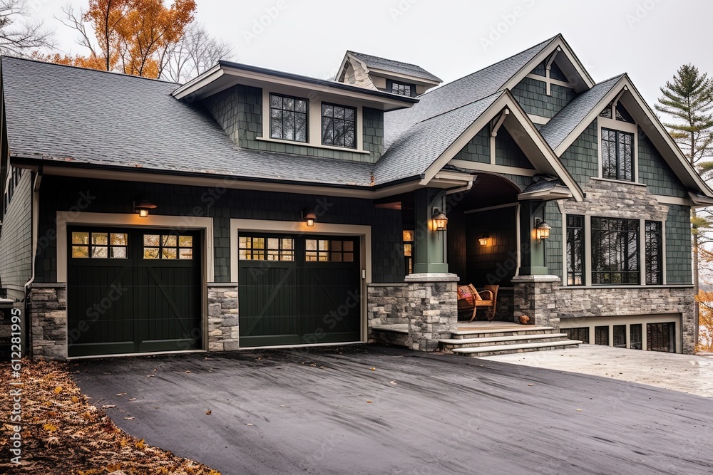 Avant-Garde Three-Car Garage Dwelling with Dark Green Siding and Natural Stone Accents, generative AI Avant-Garde Three-Car Garage Dwelling with Dark Green Siding and Natural Stone Accents, generative AI