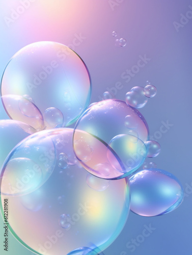 Transparent soap bubbles floating on blue pink gradient background. Created with Generative AI technology