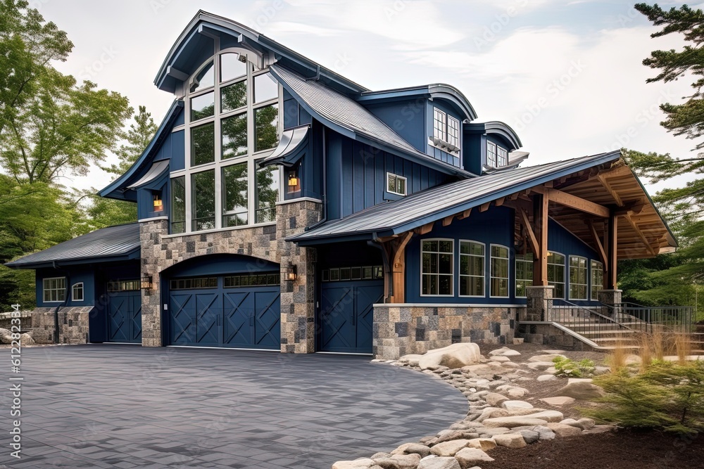 Avant-Garde Dwelling with Natural Stone Accents and Three-Car Garage Boasts Captivating Dark Blue Siding, generative AI Avant-Garde Dwelling with Natural Stone Accents and Three-Car Garage Boasts Captivating Dark Blue Siding, generative AI