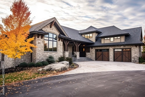 Avant-Garde and Captivating: A Recently Built Dwelling with a Three-Car Garage, Beige Siding and Natural Stone Accents, generative AI