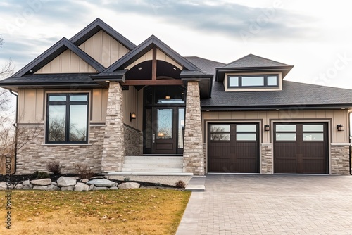 Modern Double Garage Home with Natural Stone Accents and Beige Siding  A Deluxe New Construction  generative AI