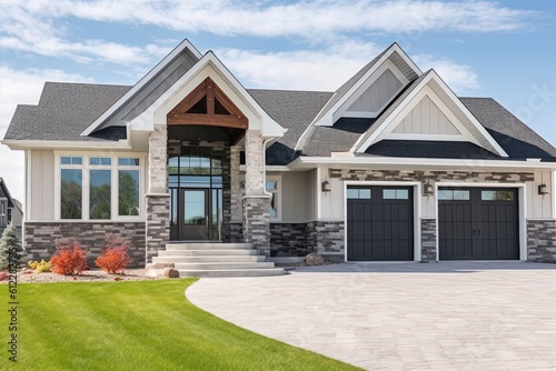 Newly Constructed Home with Modern Design, Double Garage & Natural Stone Embellishments, generative AI