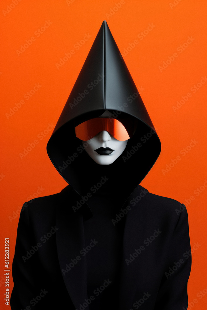 © Uncanny Valley - Futuristic portrait of a young beautiful girl from the future. Space, neon costume. Technological invasion and fashion style. Generative AI.