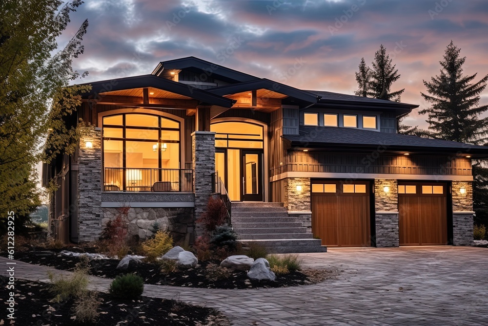 Modern Double Garage Deluxe Home: Coral Siding and Natural Stone Embellishments, generative AI Modern Double Garage Deluxe Home: Coral Siding and Natural Stone Embellishments, generative AI