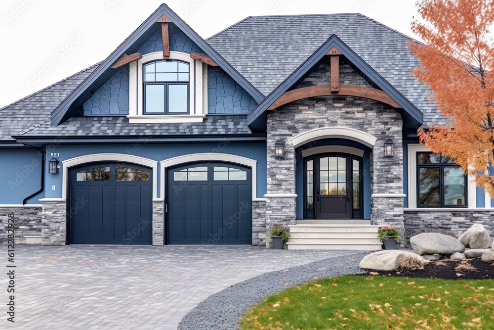 Double Garage and Natural Stone Embellishments: Discover the Modern Design of a Newly Constructed Deluxe Home with Light Blue Siding, generative AI