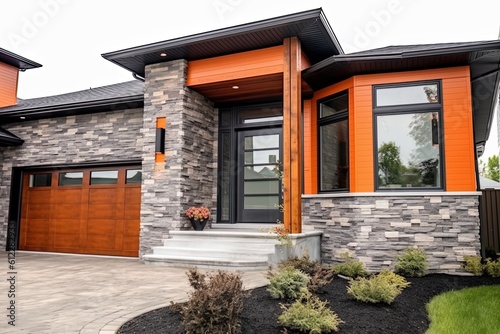 Modern Deluxe Home with Double Garage and Natural Stone Embellishments in Distinct Orange Hue  generative AI
