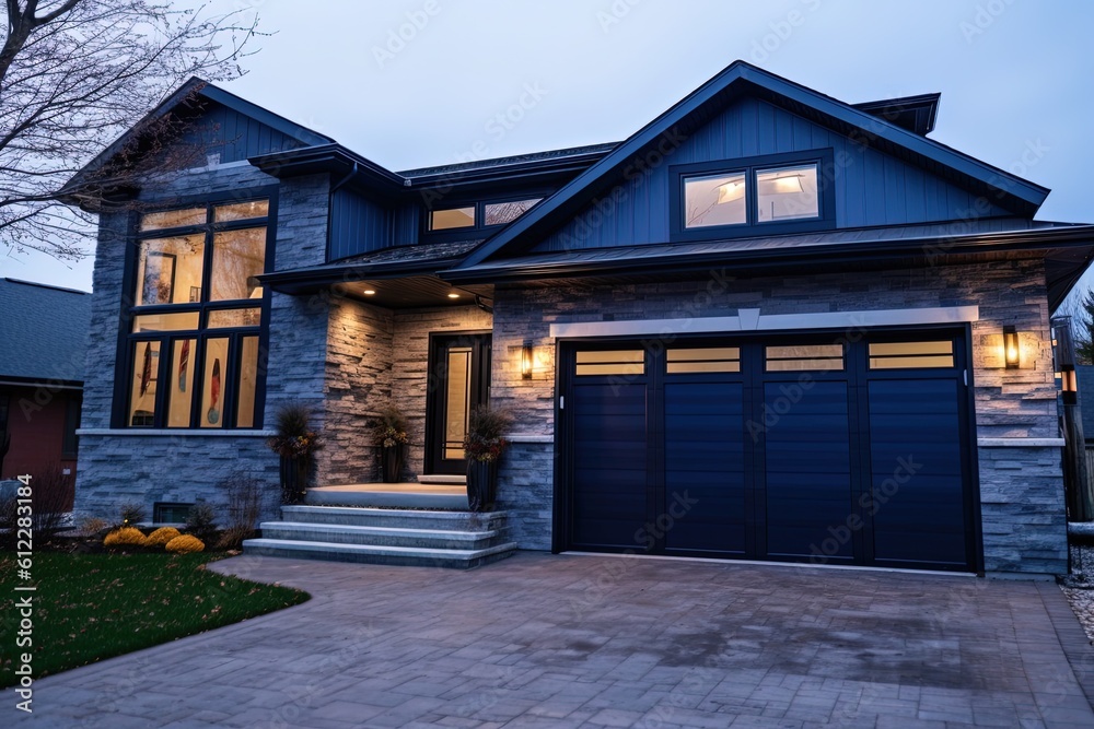 Modern Design Double Garage Deluxe Home with Navy Blue Siding and Natural Stone Embellishments, generative AI