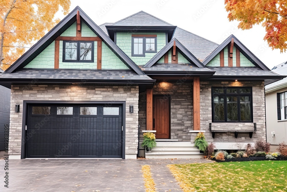 Modern Design Deluxe Home with Double Garage, Natural Stone Embellishments and Light Green Siding, generative AI Modern Design Deluxe Home with Double Garage, Natural Stone Embellishments and Light Green Siding, generative AI