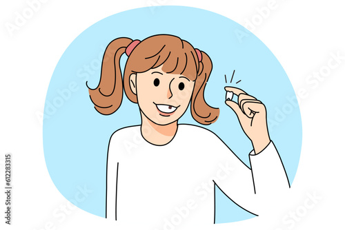 Smiling little girl hold in hands first baby tooth. Happy small kid demonstrate milk tooth missing in mouth. Children oral care and dentistry concept. Vector illustration.