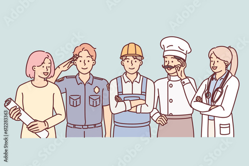 People of different professions stand together next to service uniforms for labor day banner